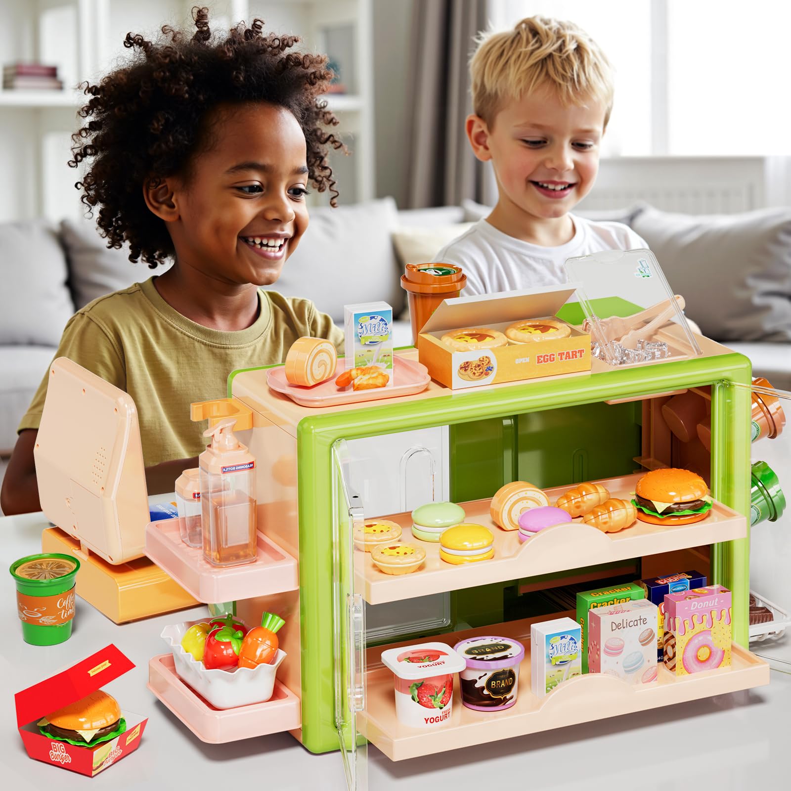 Supermarket Playset Deluxe Grocery Store with Cash Register & Coffee Maker  Educational Role Play Toy for Toddlers & Kids (Green or Pink)