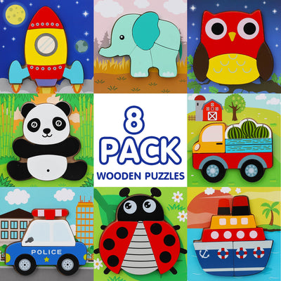 Juego de 8 rompecabezas de formas de madera Fidtoy para niños pequeños, juguete educativo