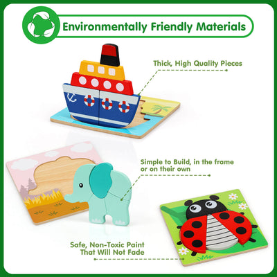 Juego de 8 rompecabezas de formas de madera Fidtoy para niños pequeños, juguete educativo