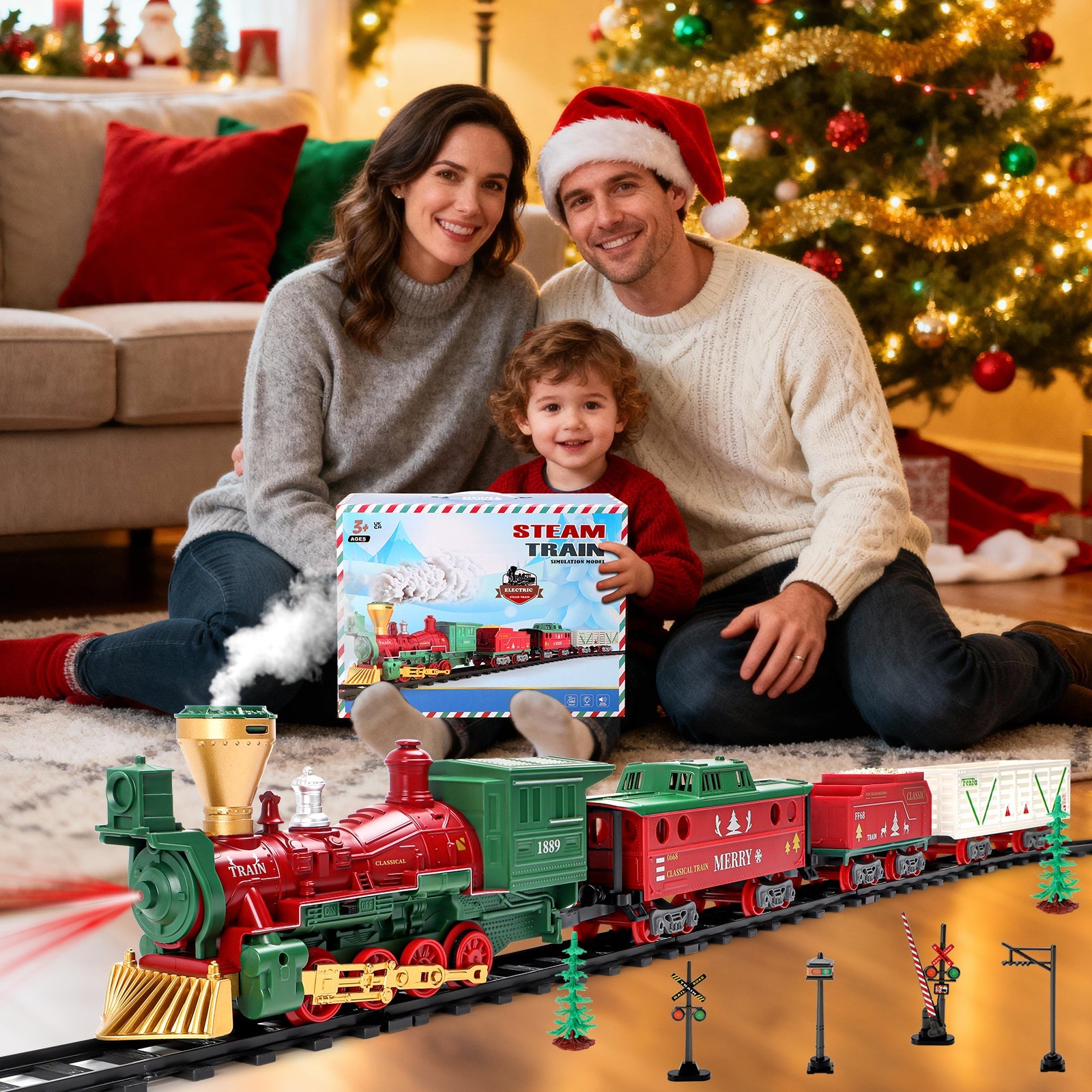 Electric Steam Train Set with Real Smoke, Lights and Sounds Classic Railway Track Toy for Kids Christmas Train Set Gift for Boys & Girls Age 3+