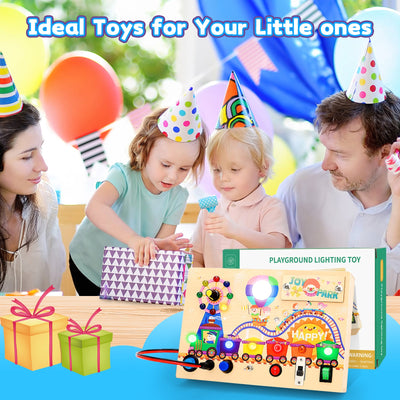Fidtoy Montessori Busy Board de madera - Juguete sensorial iluminado para niños pequeños, juguete de aprendizaje de habilidades motoras finas para edades de 1 a 4 años, tabla de motricidad fina portátil para niños y niñas