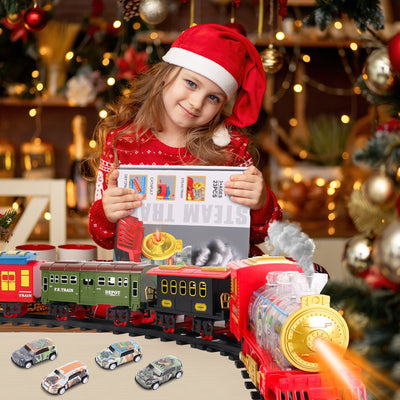 Juego de tren eléctrico de Navidad con vagón deformable, 4 coches de aleación aleatorios, sonido, humo y luz fría, tren para árbol de Navidad, regalo para niños
