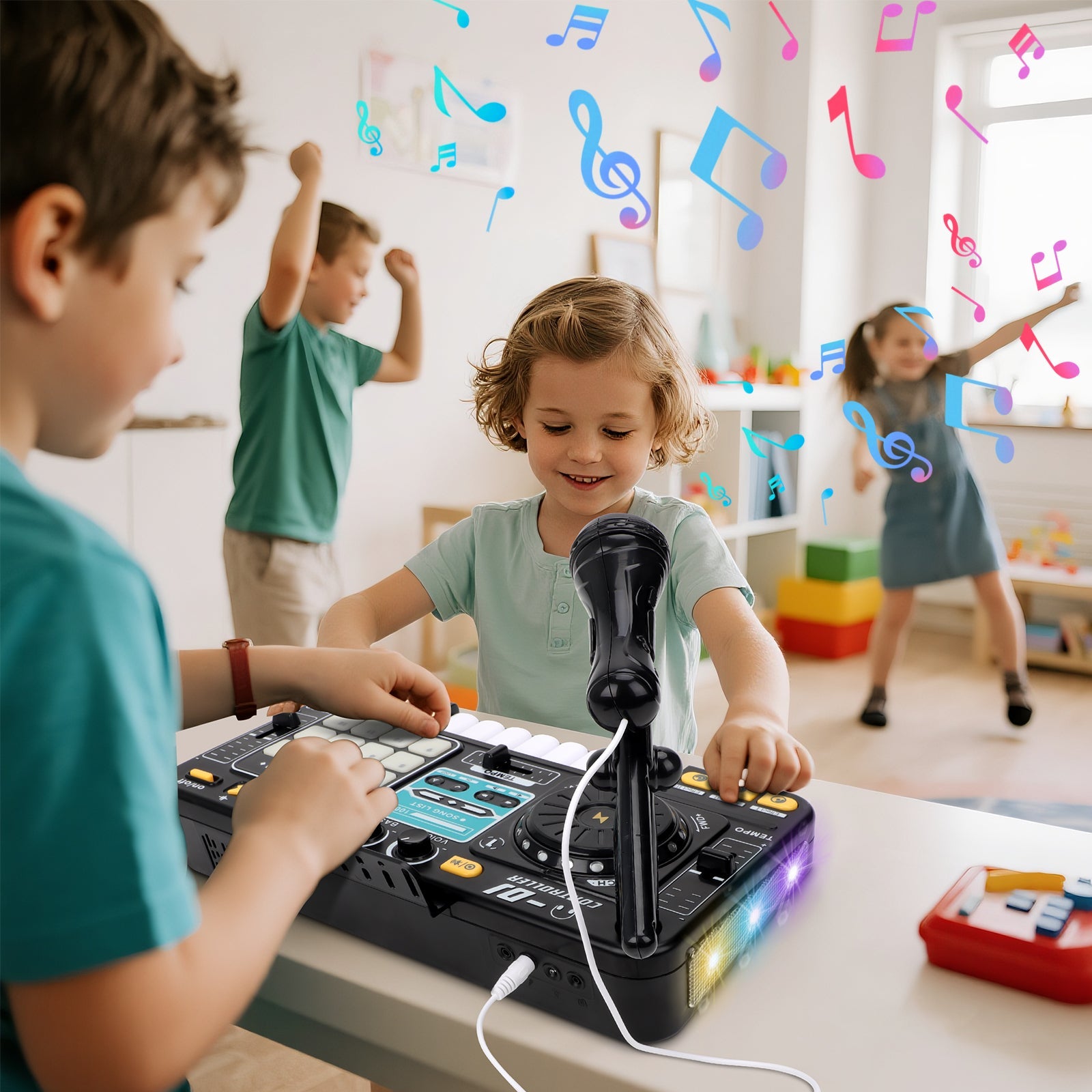 Kids DJ Mixer Music Toy with Microphone DJ Controller with Launchpad, Light-Up Keys, Sound Effects, Bluetooth Function Educational Musical Toy for Boys Girls Ages 3+ Kids Mixer Music Toy