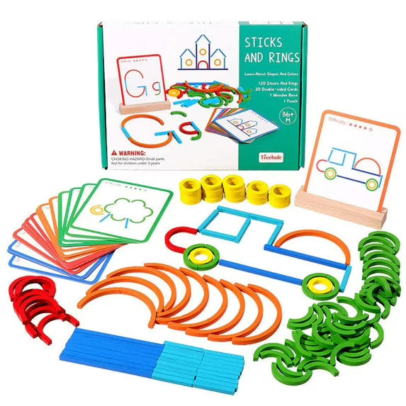 Fidtoy Bâtonnets en Bois et Anneaux Cartes de Casse-tête d'Association de Motifs Jouet Montessori de Mémoire et de Motricité Fine pour Enfants de 3 à 8 Ans