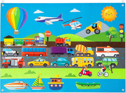 WATINC 35Pcs Vehicle Felt Story Board Set 3.5Ft Preschool Transportation Themed Storytelling Cars Train Trucks Planes Boats Early Learning Interactive Play Kit Wall Hanging Gift for Toddlers Kids