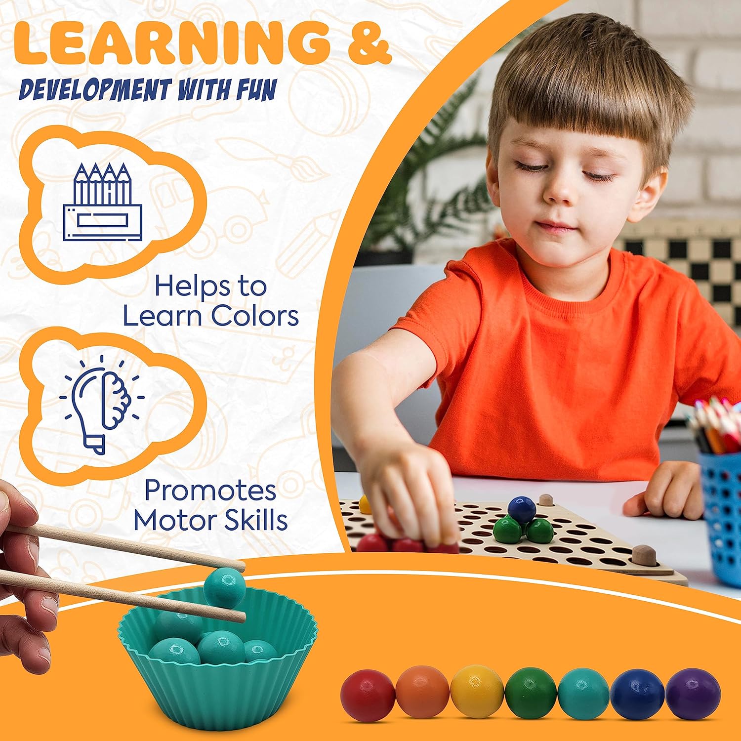 Wooden Pegboard Beads Game, Rainbow Color Board Games, Puzzle Board, Montessori Toys, Preschool Learning Activities, Boys and Girls Gift for 3 and up!