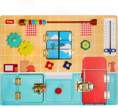 Fidtoy Wooden Busy Board Montessori Activity Board for Toddlers with Locks Latches Gears Learning Toy Fine Motor Skills Sensory Travel Quiet Toy Gift