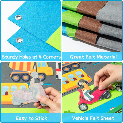 WATINC 35Pcs Vehicle Felt Story Board Set 3.5Ft Preschool Transportation Themed Storytelling Cars Train Trucks Planes Boats Early Learning Interactive Play Kit Wall Hanging Gift for Toddlers Kids