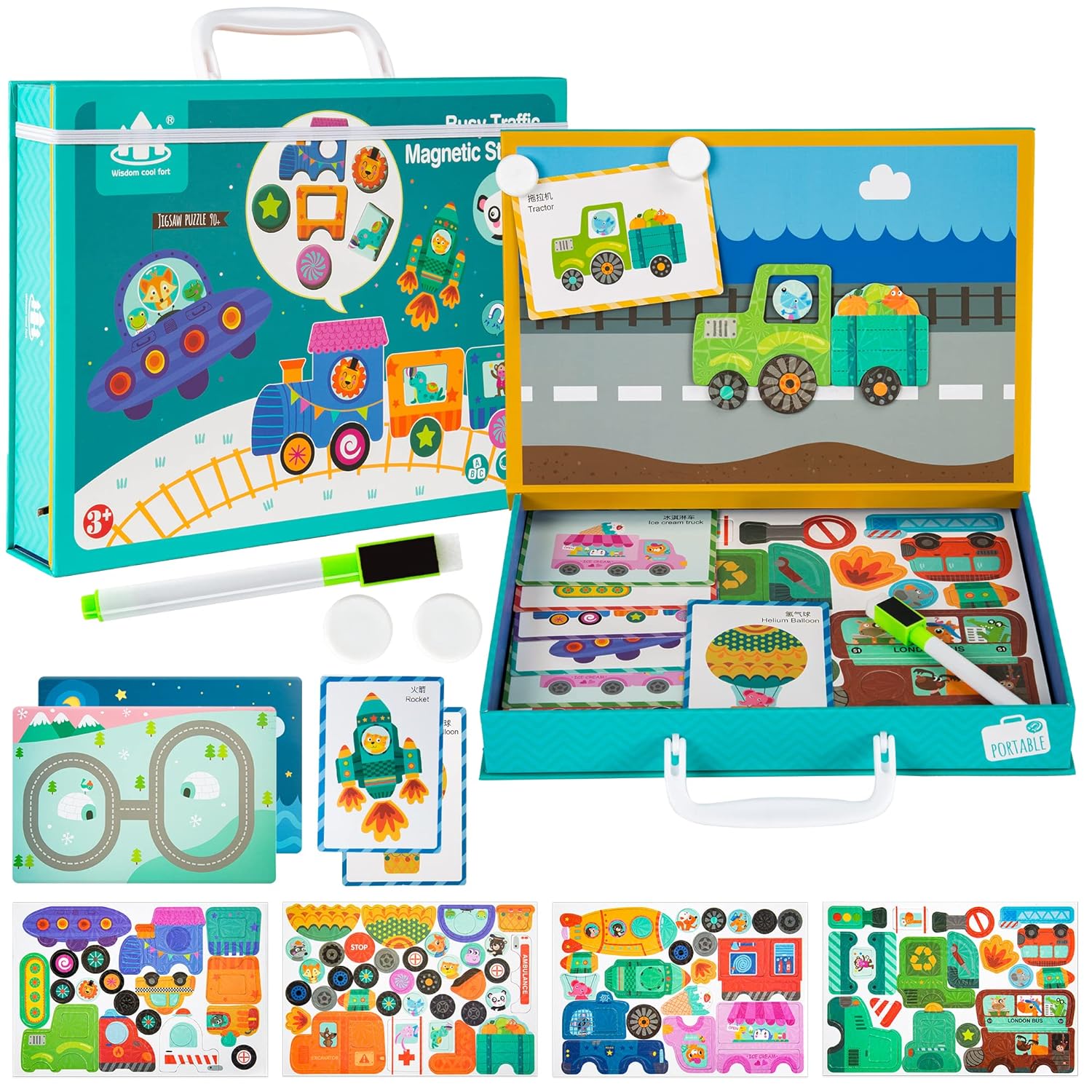 TOGELIN Magnetic Puzzle Toy with Drawing Board for Kids Ages 3-5, Multi-Functional Painting Book & Magnetic Puzzles, Scenes Simulation Activity, Preschool Learning Education Toys Jigsaw(Heavy Traffic)