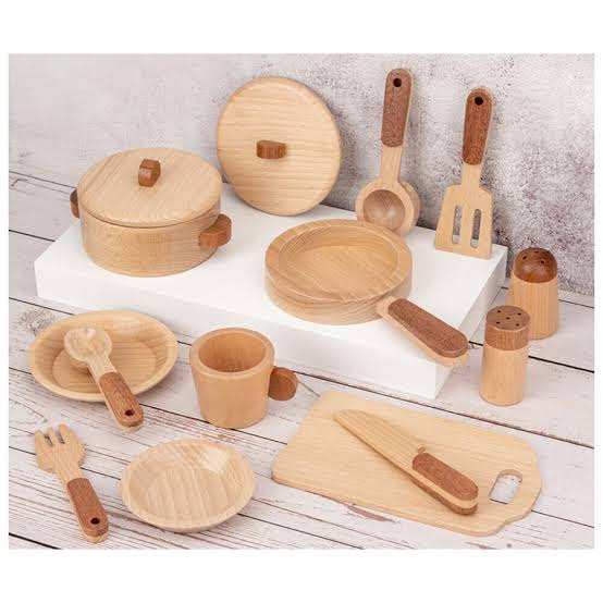 Wooden Kitchen Utensil  & Cookware Roleplay Toy Play set