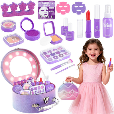 Girls Pretend Makeup Kit with Carry Case My First Kids Makeup Playset for Toddlers Safe Mess-Free Fake Makeup Complete Playset for Imagination Role Play Early Learning Perfect Gift for Girls 3+