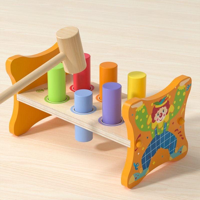 Wooden Pounding Toy ( 6 pegs) - Hammering Bench for Fine Motor Development and Hand-Eye Coordination