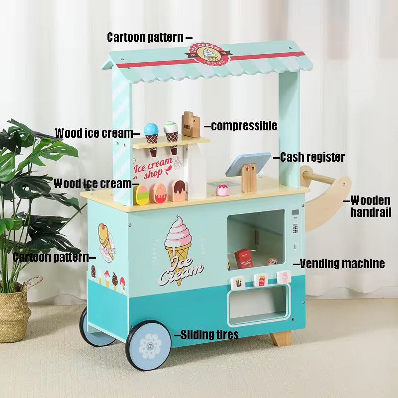 Wooden Ice Cream Cart for Kids | Pretend Play Dessert Shop with Wheels & Cash Register (3–7 Years)