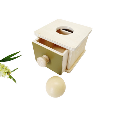 Caja Montessori de permanencia de objetos con cajón y pelota / con monedas y cajón
