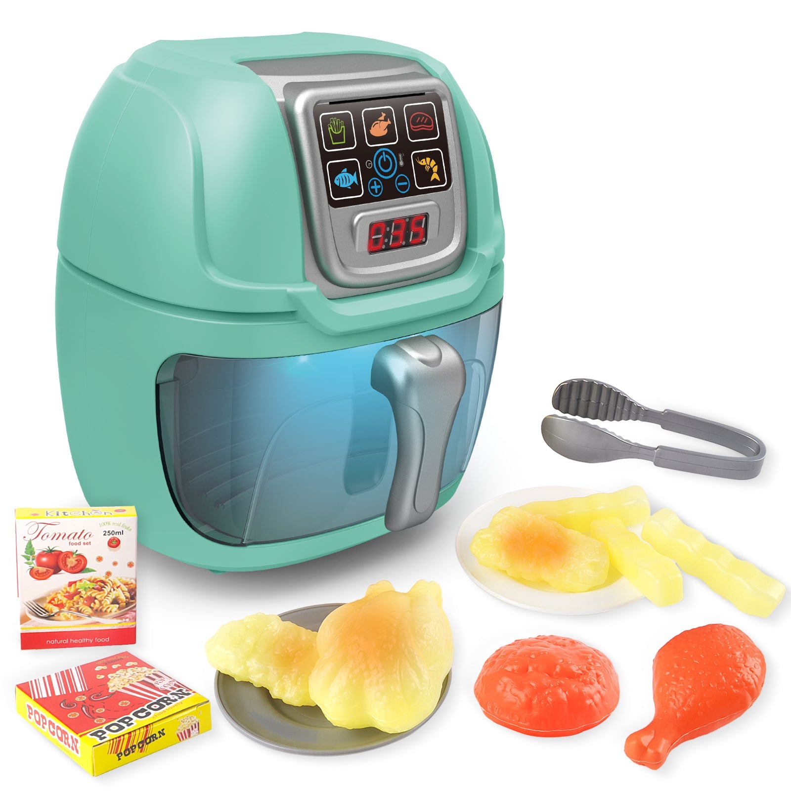 Green Air Fryer Toy Pretend Play Toys Cooking Machine Role Play Set with plates play food accessories food serving tongs