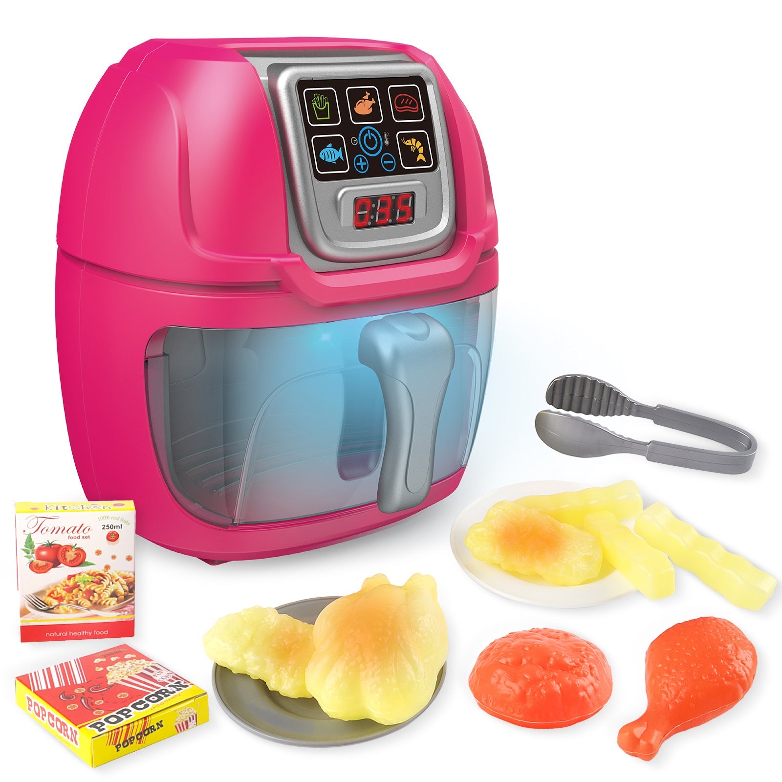 Pink Air Fryer Toy Pretend Play Toys Cooking Machine Role Play Set with plates play food accessories food serving tongs