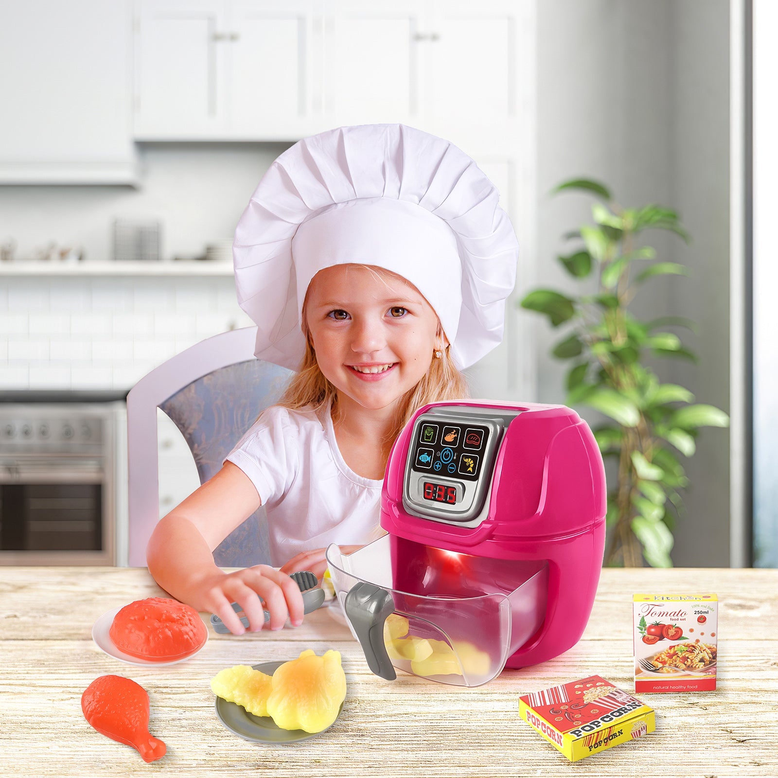 Pink Air Fryer Toy Pretend Play Toys Cooking Machine Role Play Set with plates play food accessories food serving tongs