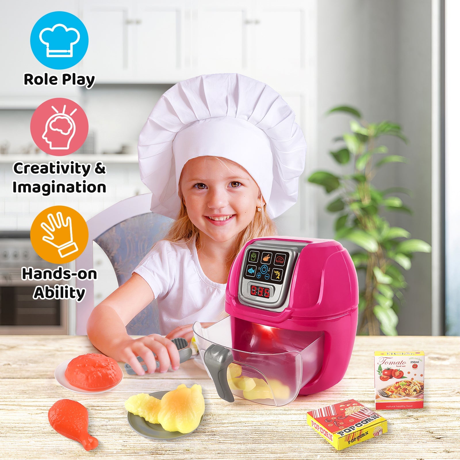 Pink Air Fryer Toy Pretend Play Toys Cooking Machine Role Play Set with plates play food accessories food serving tongs