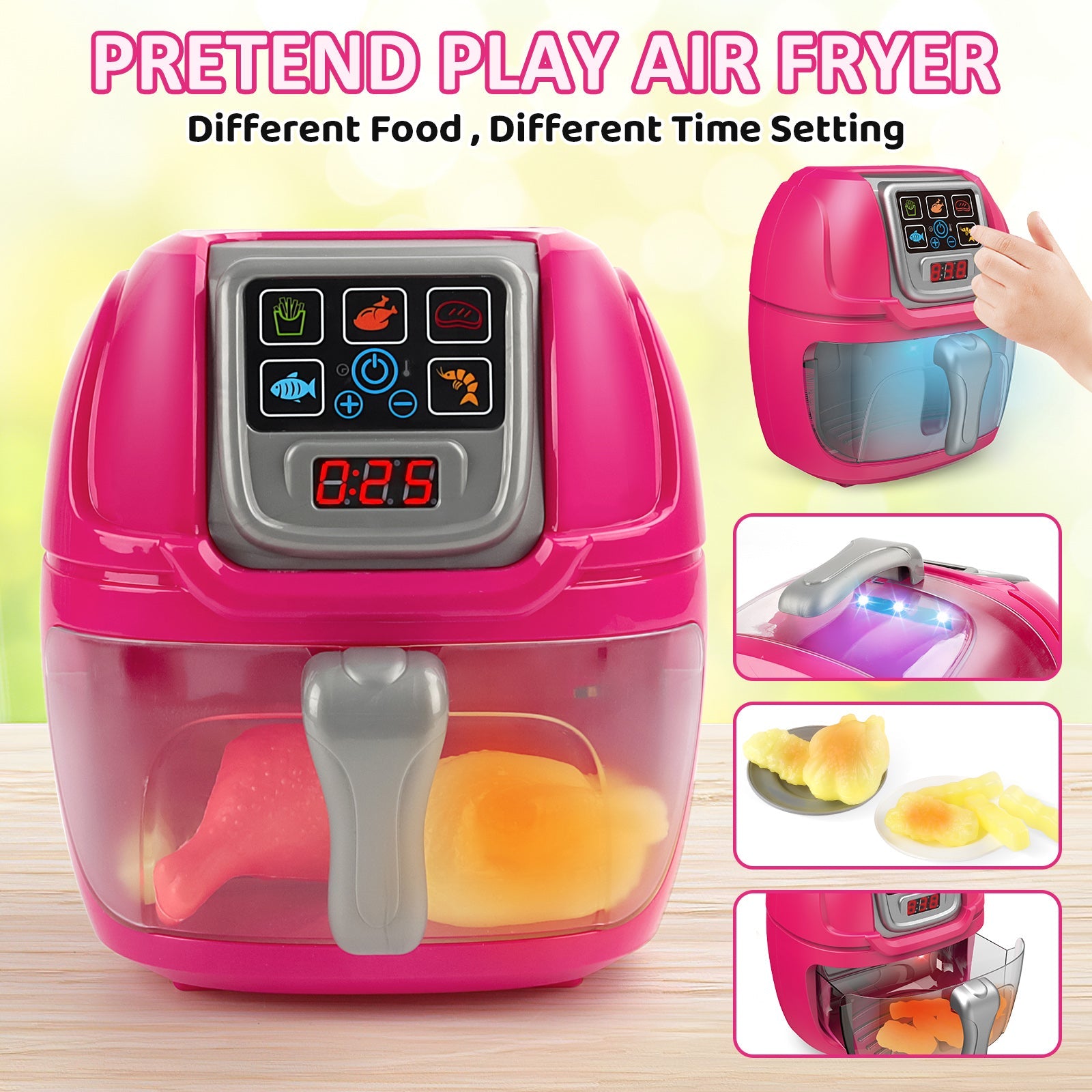 Pink Air Fryer Toy Pretend Play Toys Cooking Machine Role Play Set with plates play food accessories food serving tongs