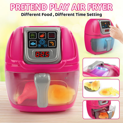 Pink Air Fryer Toy Pretend Play Toys Cooking Machine Role Play Set with plates play food accessories food serving tongs