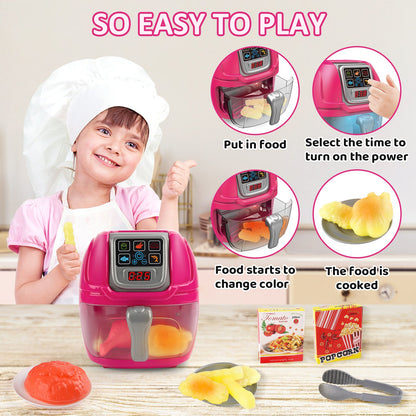 Pink Air Fryer Toy Pretend Play Toys Cooking Machine Role Play Set with plates play food accessories food serving tongs