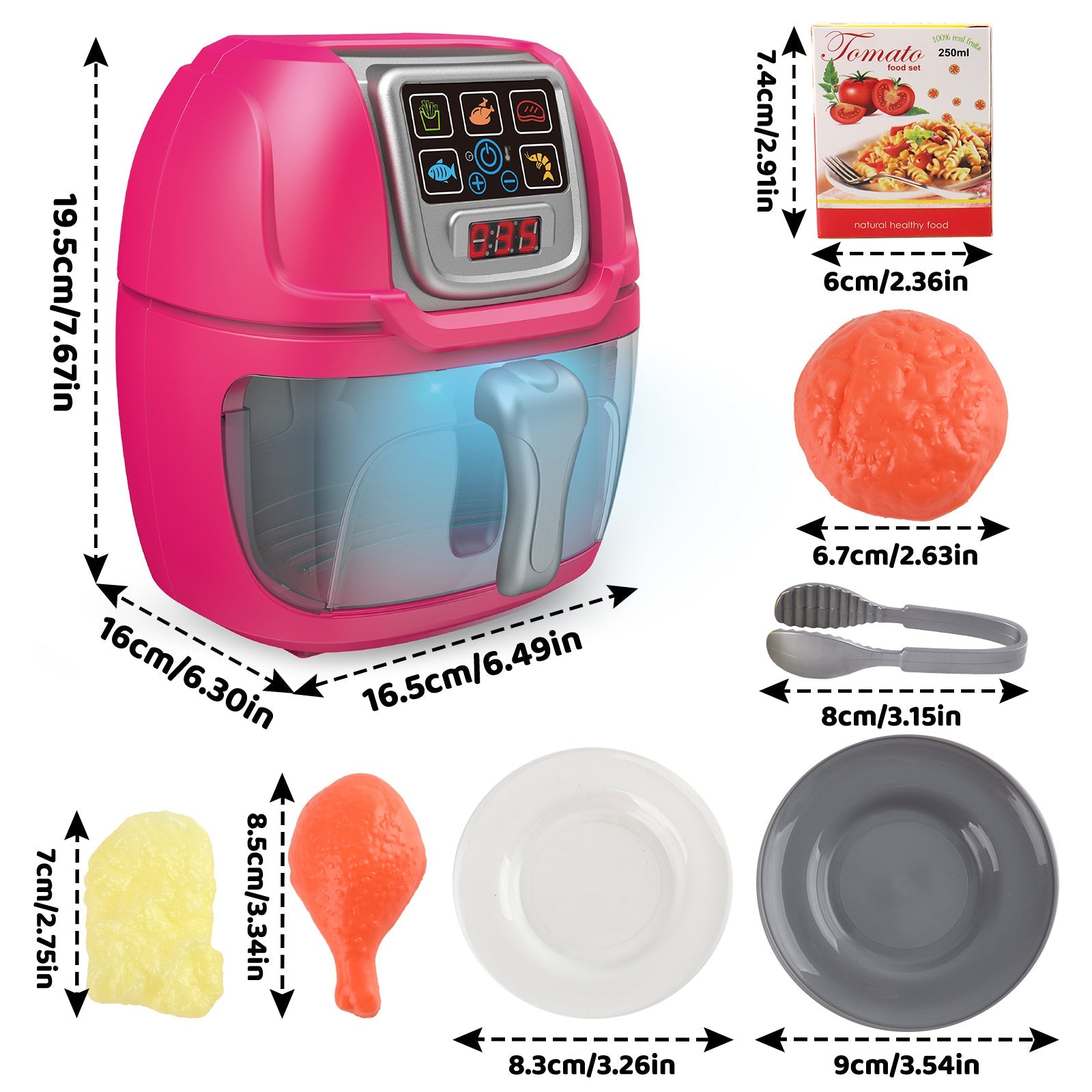 Pink Air Fryer Toy Pretend Play Toys Cooking Machine Role Play Set with plates play food accessories food serving tongs