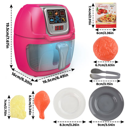 Pink Air Fryer Toy Pretend Play Toys Cooking Machine Role Play Set with plates play food accessories food serving tongs