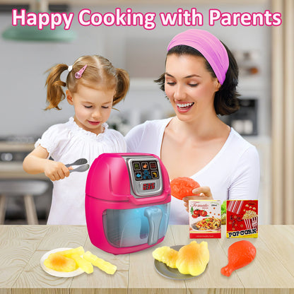 Pink Air Fryer Toy Pretend Play Toys Cooking Machine Role Play Set with plates play food accessories food serving tongs