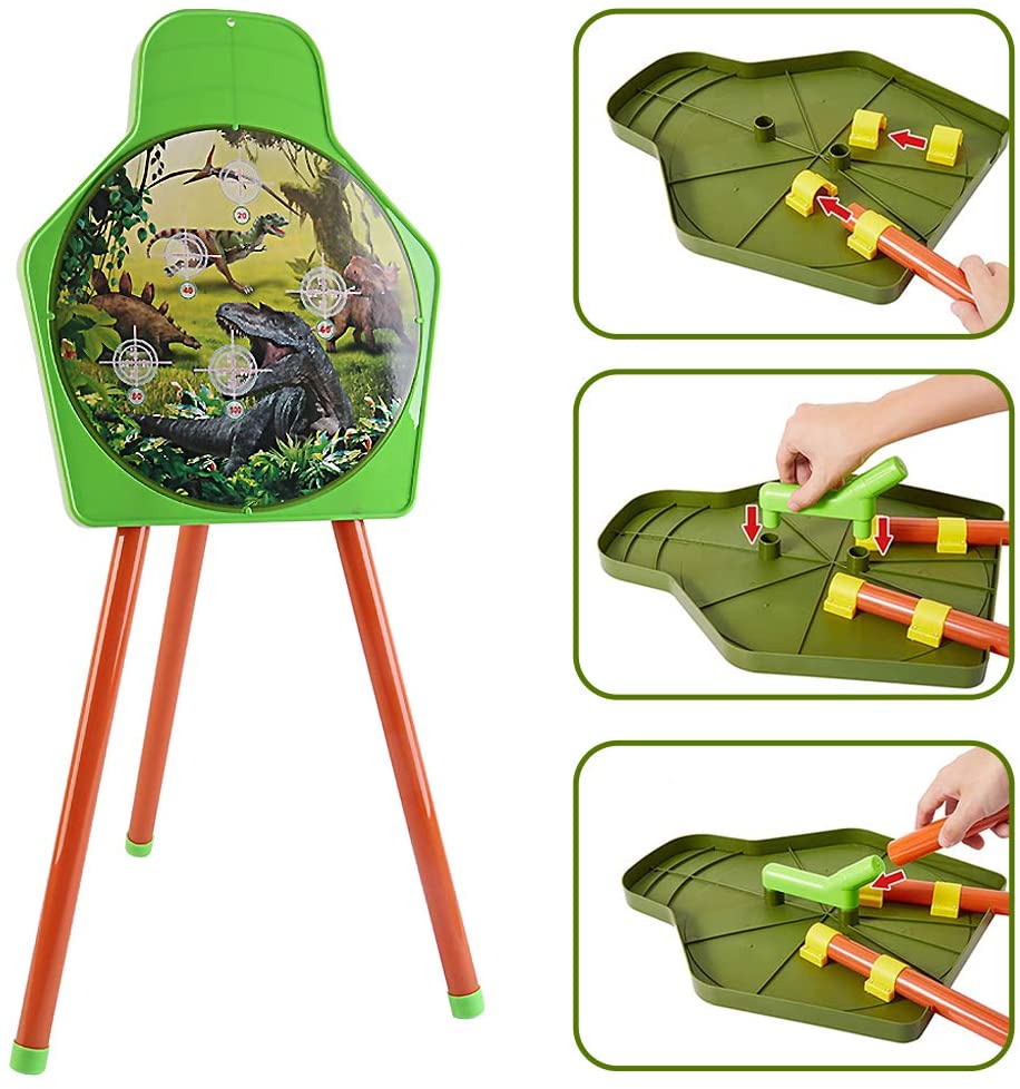 Juego de tiro con arco con temática de dinosaurios con arco, flechas con ventosa, carcaj, soporte de diana, juego de jardín para niños