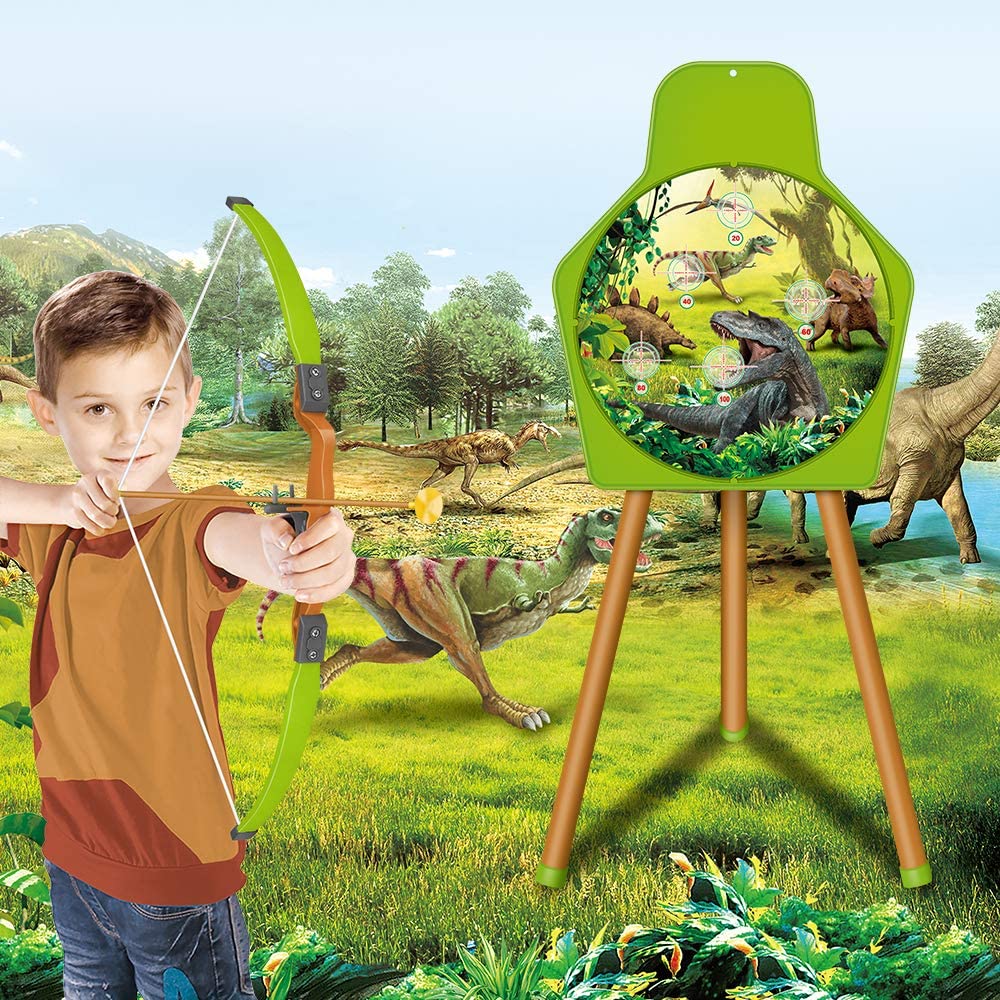 Juego de tiro con arco con temática de dinosaurios con arco, flechas con ventosa, carcaj, soporte de diana, juego de jardín para niños