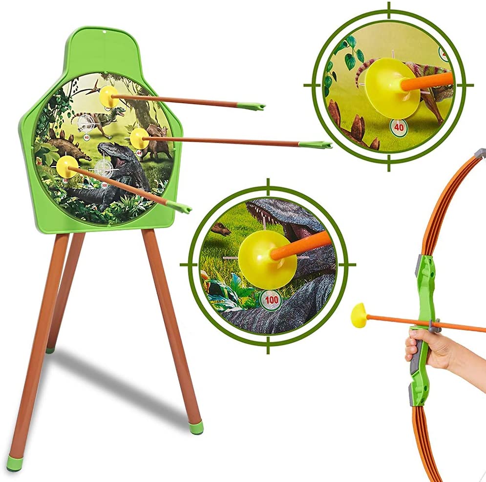 Juego de tiro con arco con temática de dinosaurios con arco, flechas con ventosa, carcaj, soporte de diana, juego de jardín para niños