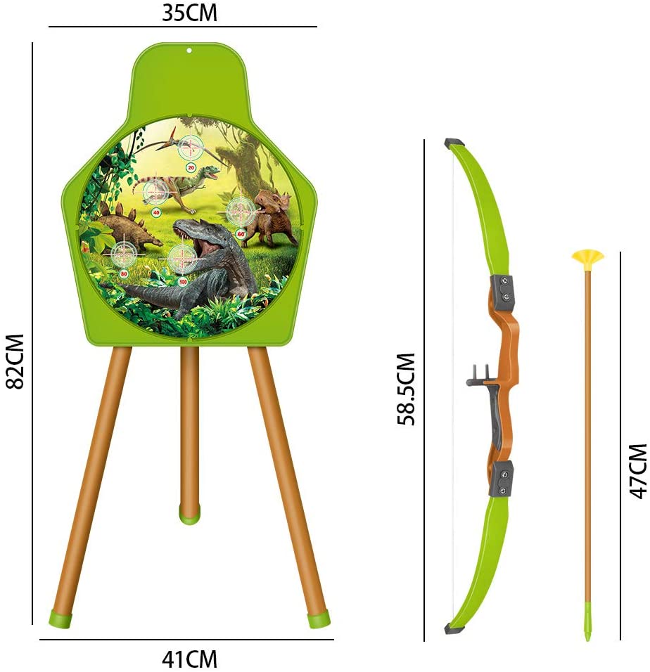 Dinosaur Themed Bow and Arrow Shooting Archery Set with Bow Suction Top Arrows Quiver Target Stand Outdoor Garden Game for Kids