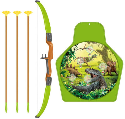 Dinosaur Themed Bow and Arrow Shooting Archery Set with Bow Suction Top Arrows Quiver Target Stand Outdoor Garden Game for Kids