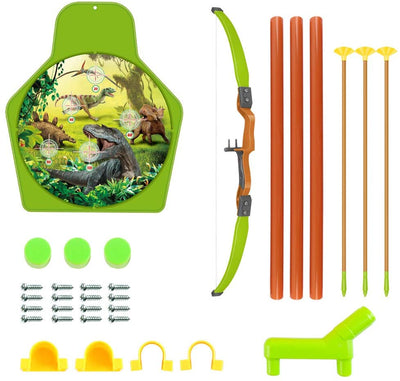 Dinosaur Themed Bow and Arrow Shooting Archery Set with Bow Suction Top Arrows Quiver Target Stand Outdoor Garden Game for Kids