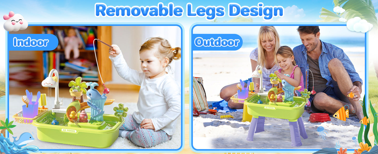 Beach Table & Simulation Kitchen Sink 2-in-1 Toy Set with Water Supply Function Simulation Dishwashing Set with Faucet Color-changing Tableware in Warm Water Children's Role Playing Toy with Accessories Gift