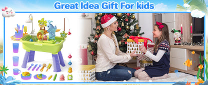 Beach Table & Simulation Kitchen Sink 2-in-1 Toy Set with Water Supply Function Simulation Dishwashing Set with Faucet Color-changing Tableware in Warm Water Children's Role Playing Toy with Accessories Gift