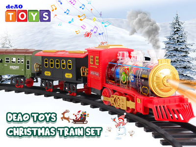 Juego de tren eléctrico de Navidad con vagón deformable, 4 coches de aleación aleatorios, sonido, humo y luz fría, tren para árbol de Navidad, regalo para niños