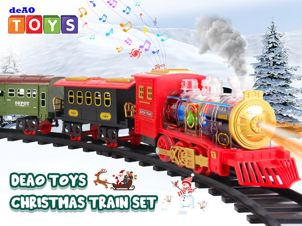 Electric Christmas Train Set with Deformable Carriage 4 Random Alloy Cars Sound Smoke and Cool Light Christmas Tree Train Gift for Kids
