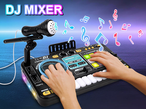 Kids DJ Mixer Music Toy with Microphone DJ Controller with Launchpad, Light-Up Keys, Sound Effects, Bluetooth Function Educational Musical Toy for Boys Girls Ages 3+ Kids Mixer Music Toy