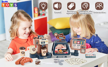 Pretend Kitchen Play Store Coffee Playset Toddlers Coffee Maker Play Set Dessert Shopping with Coffee Machine Cash Registers Toy Kids Age 3+