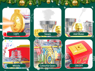 Juego de tren eléctrico de Navidad con vagón deformable, 4 coches de aleación aleatorios, sonido, humo y luz fría, tren para árbol de Navidad, regalo para niños