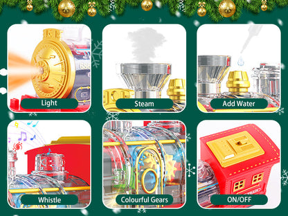 Electric Christmas Train Set with Deformable Carriage 4 Random Alloy Cars Sound Smoke and Cool Light Christmas Tree Train Gift for Kids