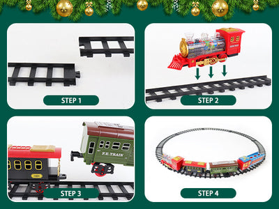 Juego de tren eléctrico de Navidad con vagón deformable, 4 coches de aleación aleatorios, sonido, humo y luz fría, tren para árbol de Navidad, regalo para niños