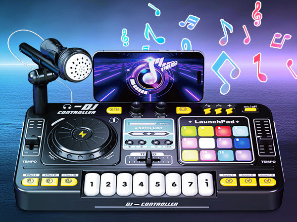 Kids DJ Mixer Music Toy with Microphone DJ Controller with Launchpad, Light-Up Keys, Sound Effects, Bluetooth Function Educational Musical Toy for Boys Girls Ages 3+ Kids Mixer Music Toy