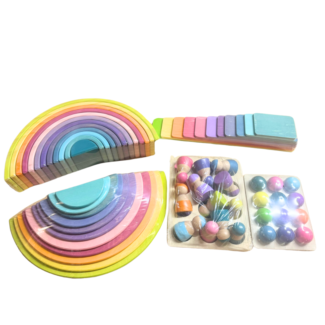 Pastel Colour Rainbow Stacking Bundle Semi-Circle Board, 12 Peg dolls