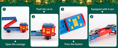 Juego de tren eléctrico de Navidad con vagón deformable, 4 coches de aleación aleatorios, sonido, humo y luz fría, tren para árbol de Navidad, regalo para niños