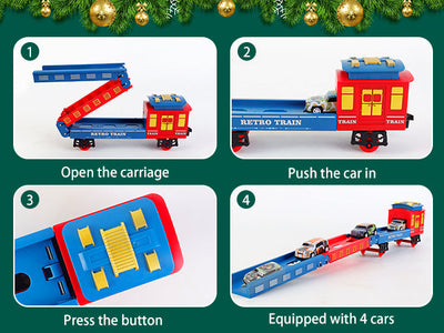 Juego de tren eléctrico de Navidad con vagón deformable, 4 coches de aleación aleatorios, sonido, humo y luz fría, tren para árbol de Navidad, regalo para niños