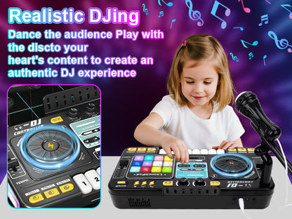 Kids DJ Mixer Music Toy with Microphone DJ Controller with Launchpad, Light-Up Keys, Sound Effects, Bluetooth Function Educational Musical Toy for Boys Girls Ages 3+ Kids Mixer Music Toy