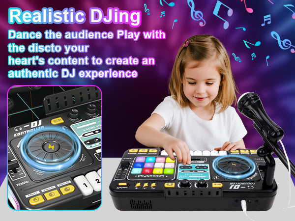 Kids DJ Mixer Music Toy with Microphone DJ Controller with Launchpad, Light-Up Keys, Sound Effects, Bluetooth Function Educational Musical Toy for Boys Girls Ages 3+ Kids Mixer Music Toy