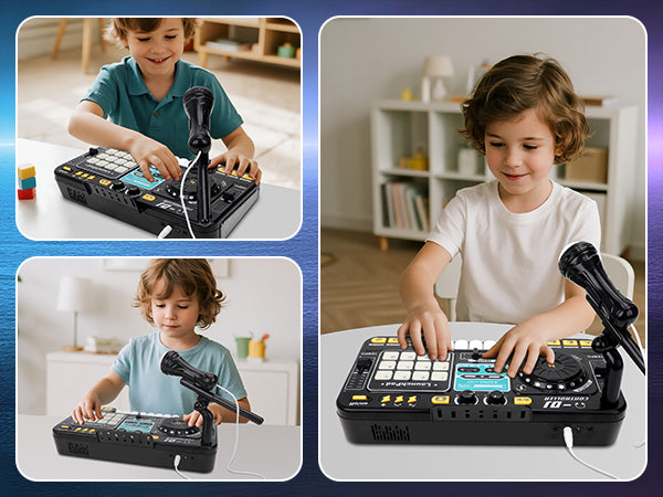 Kids DJ Mixer Music Toy with Microphone DJ Controller with Launchpad, Light-Up Keys, Sound Effects, Bluetooth Function Educational Musical Toy for Boys Girls Ages 3+ Kids Mixer Music Toy